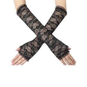 Gothic Victorian Lolita EGL Vampire Long Black Floral Rose Lace Gloves